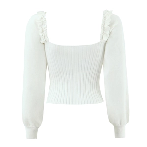 Women's elegant square neck white ribbed knit sweater with ruffle strap details