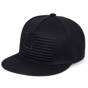 Hip hop style black flat brim baseball cap with embroidered American flag detail