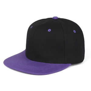 Detailed side view of a black snapback cap with purple flat brim and ventilation eyelets