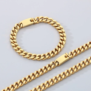 Ensemble de bijoux en acier titane doré avec collier et bracelet à maillons cubains
