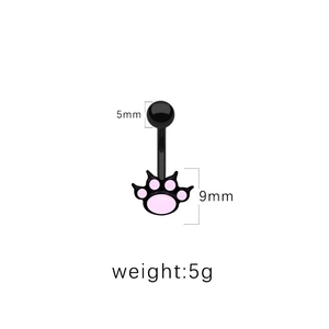 Détails du piercing de nombril patte de chat noire avec dimensions 5mm et 9mm indiquées