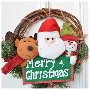 Detail of Christmas wreath with plush Santa, Snowman, and Reindeer on rattan ring