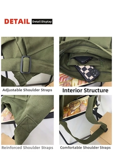 Detailed view of reinforced adjustable strap and inner zipper pocket of army green canvas bag