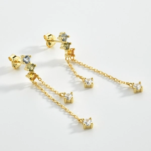 Elegant long S925 silver gold tassels earrings with colorful gemstones and clear zircons