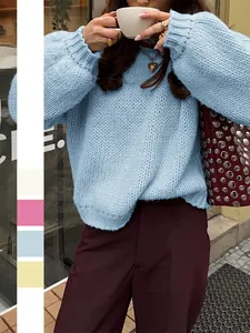 Women Chunky Knit Pullover Sweater Round Neck Loose Casual Long Sleeve Solid Color Autumn Winter Top