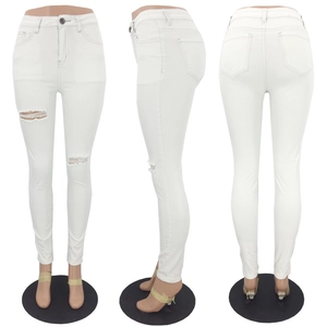 Elegant high-waisted white distressed skinny jeans for women with knee rips and multi-angle view