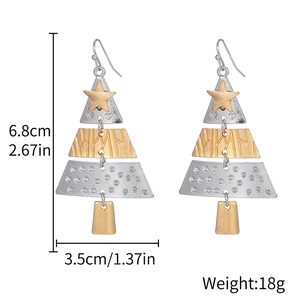 Exaggerated Christmas tree drop earrings in gold and silver alloy with size dimensions