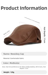 Tableau des tailles de la casquette rétro en cuir PU avec tour de tête réglable 55-60cm