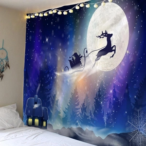 Detail of Christmas wall tapestry with Santa silhouette and cozy warm yellow ball lights