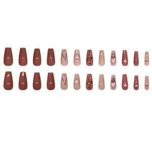 24-piece long coffin fake nails with heart and leaf art in coffee and caramel tones