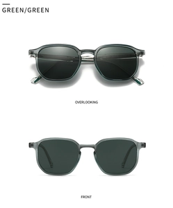 Macro view of retro green translucent resin sunglasses with polygon frames and green lenses