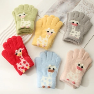 Flat lay of colorful children's plush mittens with cute giraffe patterns in six various colors