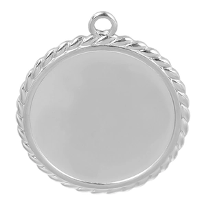 Macro detail of round silver bezel pendant with rope edge for jewelry making