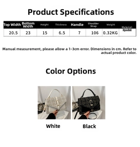 Detailed size guide and dimension chart for checkered crossbody and top handle handbag