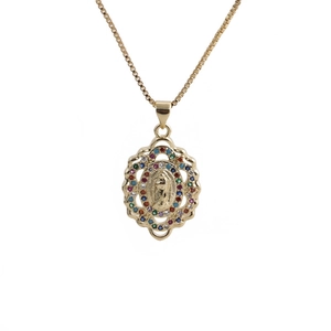 Gold Virgin Mary oval pendant necklace with colorful cubic zirconia and box chain