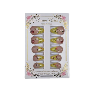 Handmade almond press-on nails with 3D ladybug and floral patterns in 24pcs set