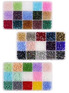 Detailed view of 15-compartment storage boxes filled with colorful crystal glass beads