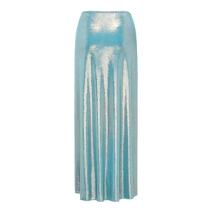 Detailed view of high-waisted metallic blue maxi skirt with sparkling sequin texture