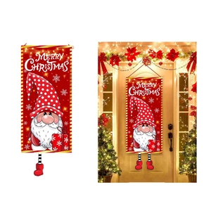 Merry Christmas gnome door banner in red and white polka dots for festive home decoration