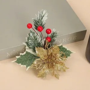 Christmas pine needle pick with red berries and golden glitter leaf for DIY holiday decor