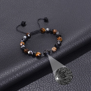Tiger eye and obsidian beaded bracelet with 100 languages I Love You projection charm