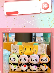 Detailed view of colorful plush panda keychains with fruit hats on a canvas bag