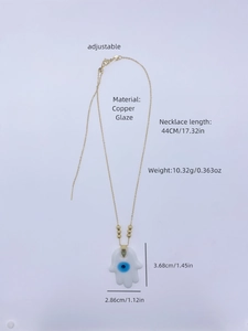 Detailed view of evil eye palm pendant necklace with size dimensions and weight info