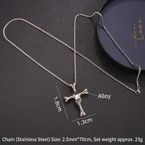 Collana hip hop con ciondolo a croce e teschio in acciaio inossidabile argento antico