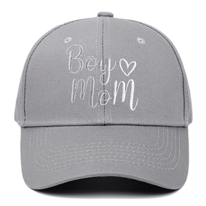 Grey cotton baseball cap with Boy Mom embroidery and heart pattern on front