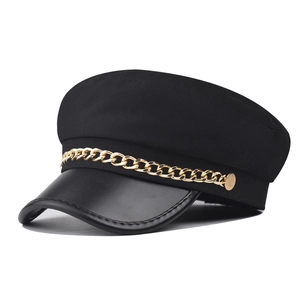 Vintage Newsboy Cap PU Leather Brim Cotton Fabric With Gold Metal Chain Retro British Style Baker Boy Hat Women