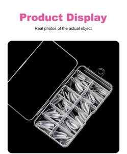 Detailed view of 120pcs clear almond false nails organized in a 10-grid storage case