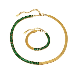 18k gold plated stainless steel herringbone necklace and bracelet set with green zircon