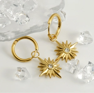 Detail of 18K gold-plated sunflower earrings with sparkling center zircon stone