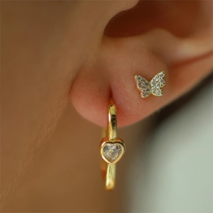 U-shaped 18K gold stainless steel earrings featuring zircon butterfly and heart pendants