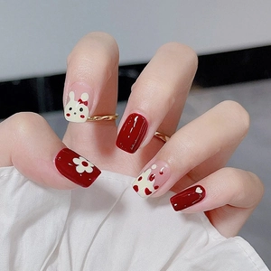 Press On Nails Wine Red Heart Rabbit Flower Pattern Detachable Cute Sweet Style Resin False Nails For Women
