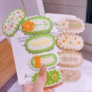 Handmade crochet flower hair clips set for girls in various pastel colors and knitted patterns