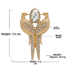 Detailed dimensions of the twin bird brooch in matte gold with clear rhinestones