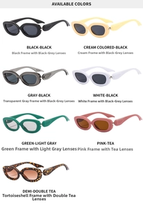 Grid display of oval sunglasses in seven colors including black, cream, and tortoiseshell