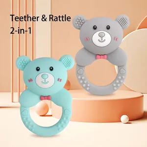 Bear-shaped silicone baby teether and rattle set in mint green and light grey colors