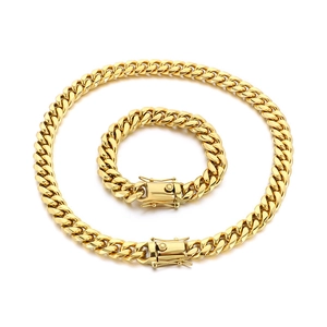 Golden stainless steel Cuban link necklace and bracelet set with box clasp for hip hop style