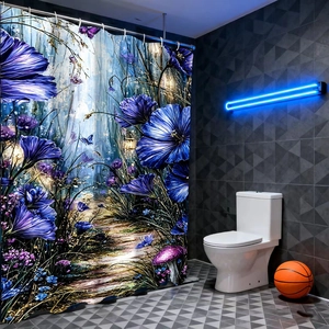 Detailed close-up of a waterproof bath curtain with dreamlike purple floral garden printing