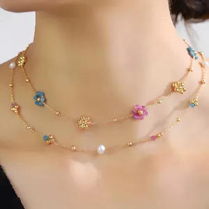 French Vintage Flower Necklace With Natural Apatite Stone Freshwater Pearl Brass Gold Plated Beaded Jewelry For Women