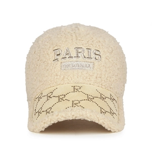 Winter faux lamb wool baseball cap in beige with PARIS embroidery and rhinestone brim