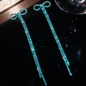 Elegant bow-knot linear earrings with turquoise crystals for bridal wedding party wear