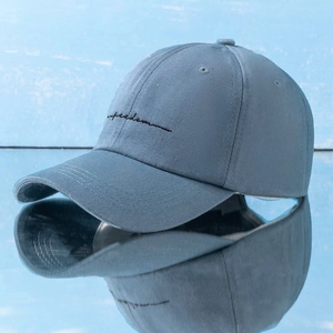 Detail of grey-blue baseball cap with black 'freedom' script embroidery on cotton fabric