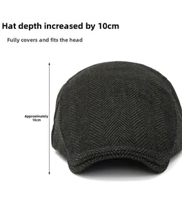 Detail shot showing the 10cm depth measurement and herringbone texture of the flat cap