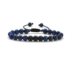 Adjustable 8mm blue tiger eye and matte black onyx beaded braided bracelet for men