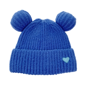 Deep blue knitted beanie with bear ears and heart embroidery on white background