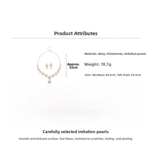 Size and material details for flower pearl necklace and earring jewelry set