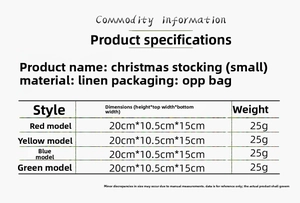 Detailed chart showing sizes and weights for small linen cartoon Christmas stockings
